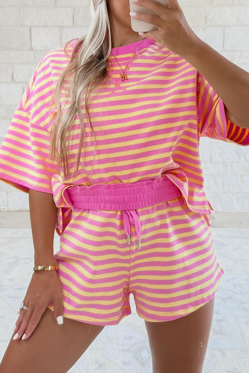 Stripe Drop Shoulder Boxy Terry Casual Short Set