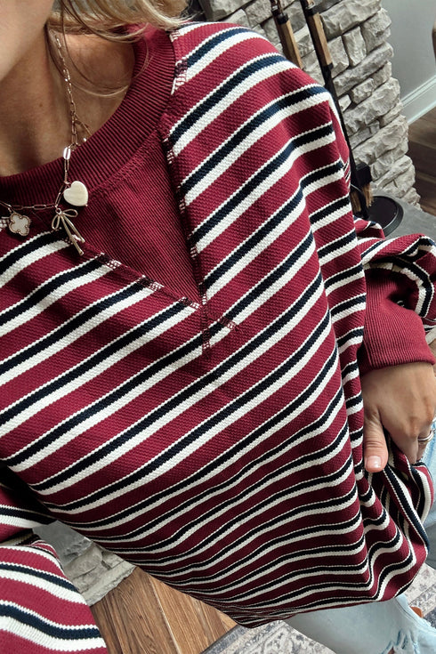 Stripe Dropped Shoulder Long Puff Sleeve Top