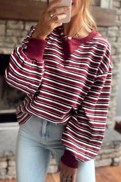 Stripe Dropped Shoulder Long Puff Sleeve Top