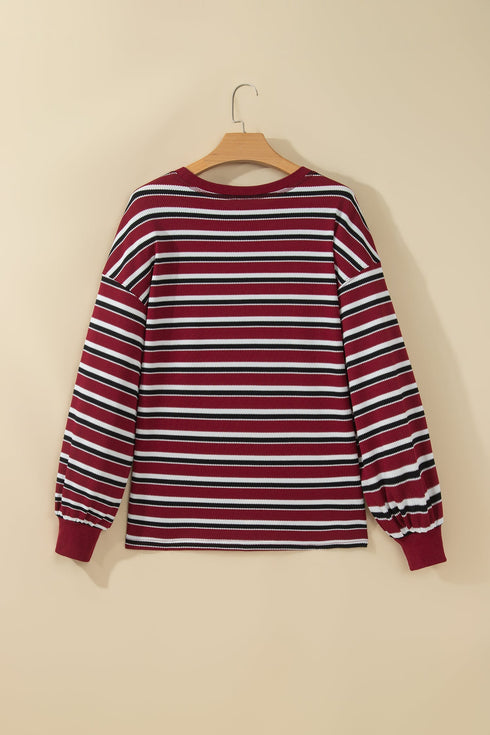 Stripe Dropped Shoulder Long Puff Sleeve Top