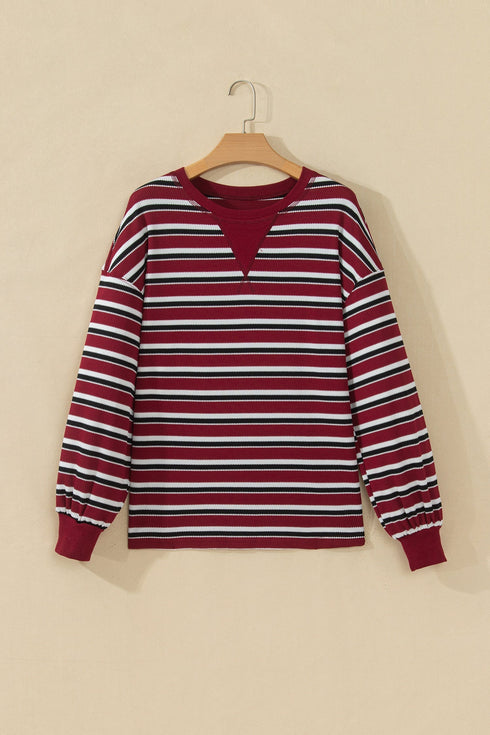 Stripe Dropped Shoulder Long Puff Sleeve Top