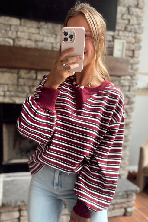Stripe Dropped Shoulder Long Puff Sleeve Top
