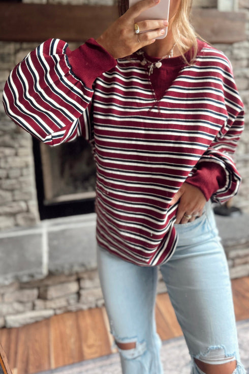 Stripe Dropped Shoulder Long Puff Sleeve Top