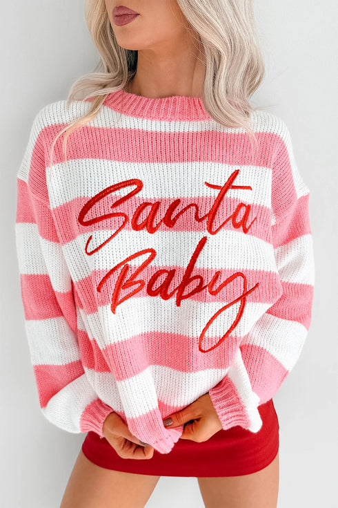 Stripe Embroidered Slogan Drop Shoulder Pullover Sweater