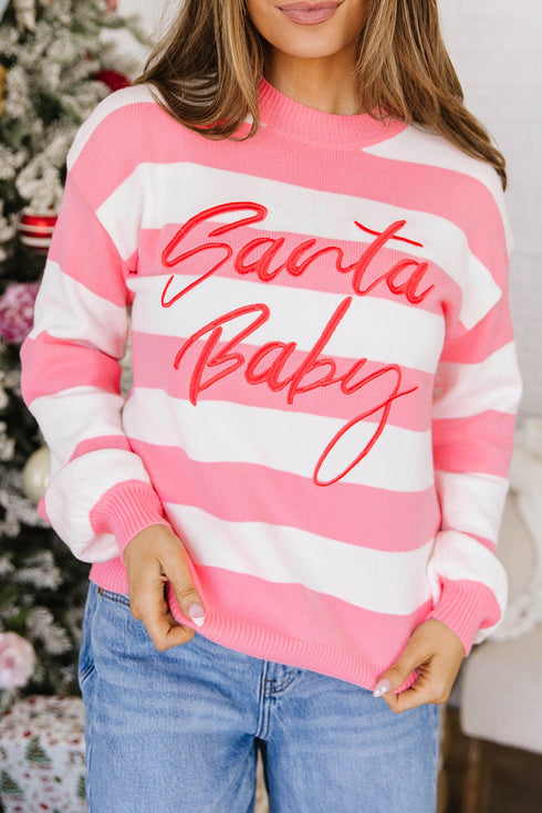 Stripe Embroidered Slogan Drop Shoulder Pullover Sweater