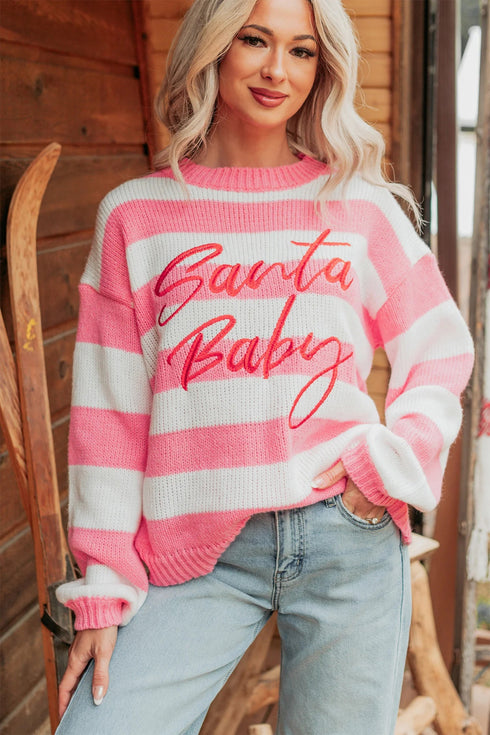 Stripe Embroidered Slogan Drop Shoulder Pullover Sweater