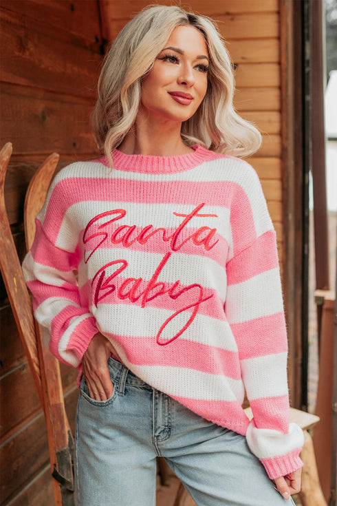 Stripe Embroidered Slogan Drop Shoulder Pullover Sweater