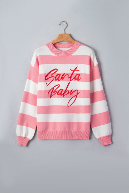 Stripe Embroidered Slogan Drop Shoulder Pullover Sweater