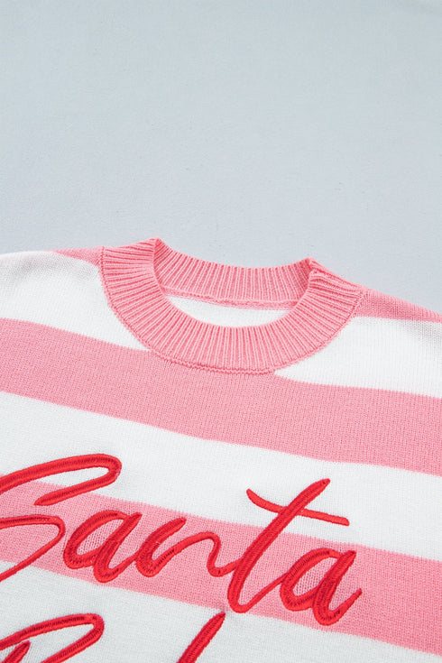 Stripe Embroidered Slogan Drop Shoulder Pullover Sweater