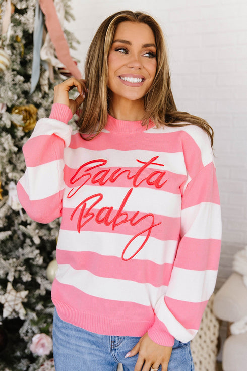 Stripe Embroidered Slogan Drop Shoulder Pullover Sweater