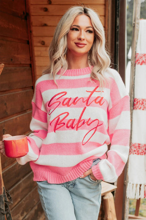 Stripe Embroidered Slogan Drop Shoulder Pullover Sweater