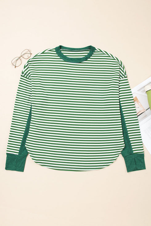 Stripe Exposed Seam Patchwork Ribbed Long Sleeve Top