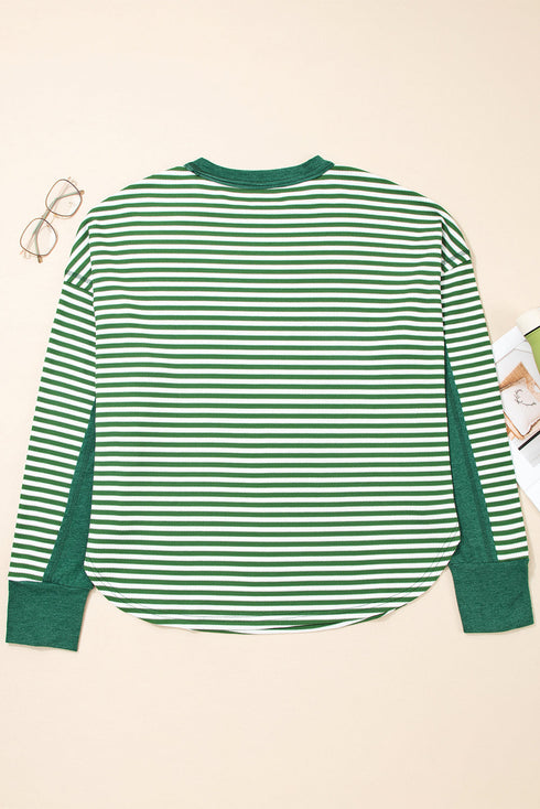Stripe Exposed Seam Patchwork Ribbed Long Sleeve Top