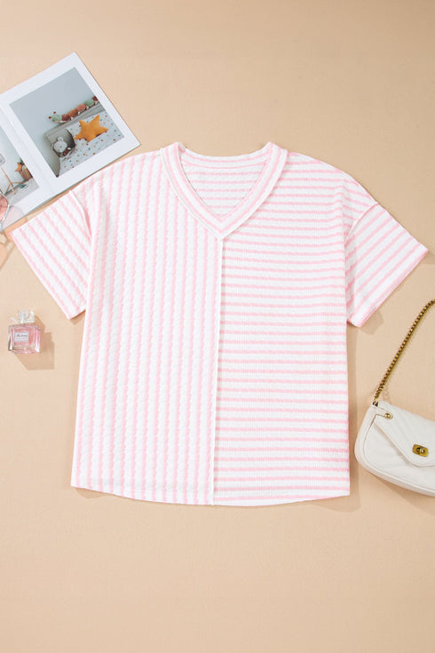 Stripe Exposed Seam Patchwork V Neck Tee