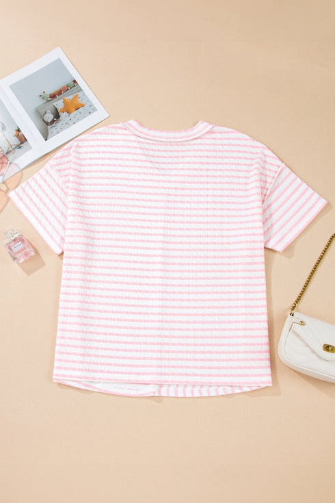 Stripe Exposed Seam Patchwork V Neck Tee