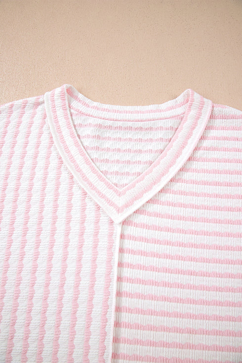 Stripe Exposed Seam Patchwork V Neck Tee