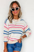 Stripe Eyelet Pattern Drop Shoulder Crewneck Sweater