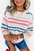 Stripe Eyelet Pattern Drop Shoulder Crewneck Sweater