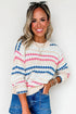 Stripe Eyelet Pattern Drop Shoulder Crewneck Sweater