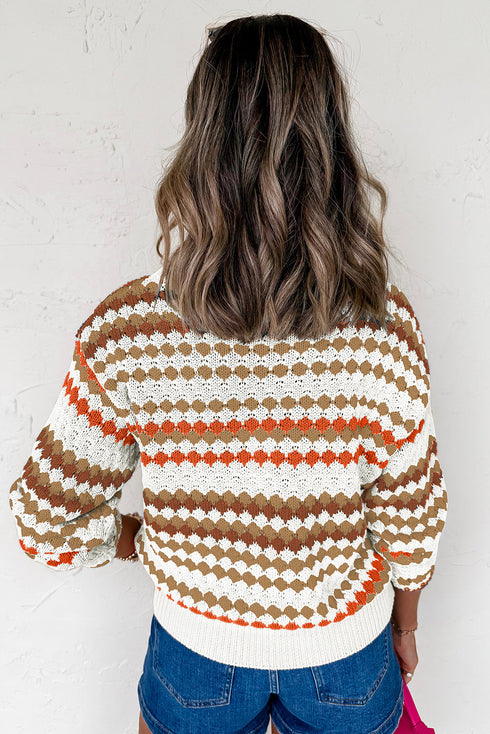 Stripe Eyelet Pattern Drop Shoulder Crewneck Sweater