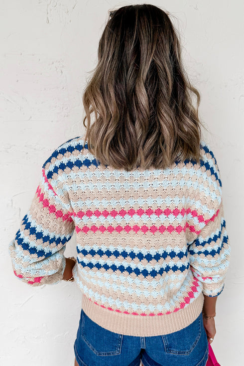 Stripe Eyelet Pattern Drop Shoulder Crewneck Sweater