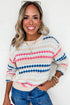 Stripe Eyelet Pattern Drop Shoulder Crewneck Sweater