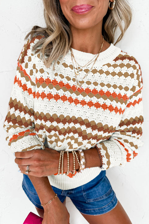 Stripe Eyelet Pattern Drop Shoulder Crewneck Sweater