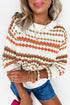 Stripe Eyelet Pattern Drop Shoulder Crewneck Sweater