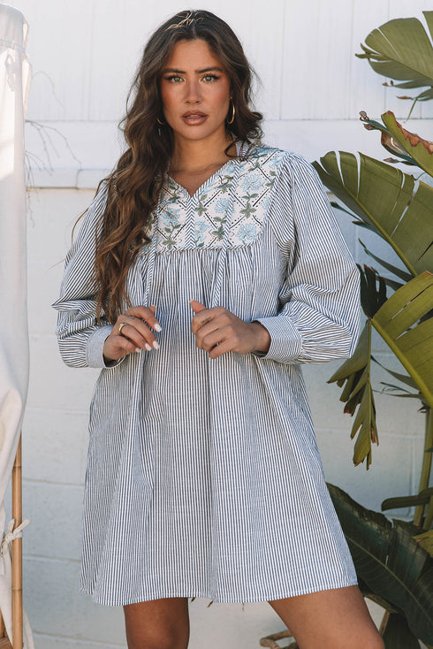 Stripe Floral Patchwork Tied V Neck Shift Long Sleeve Mini Dress