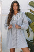 Stripe Floral Patchwork Tied V Neck Shift Long Sleeve Mini Dress