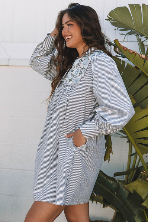 Stripe Floral Patchwork Tied V Neck Shift Long Sleeve Mini Dress