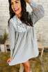 Stripe Floral Patchwork Tied V Neck Shift Long Sleeve Mini Dress