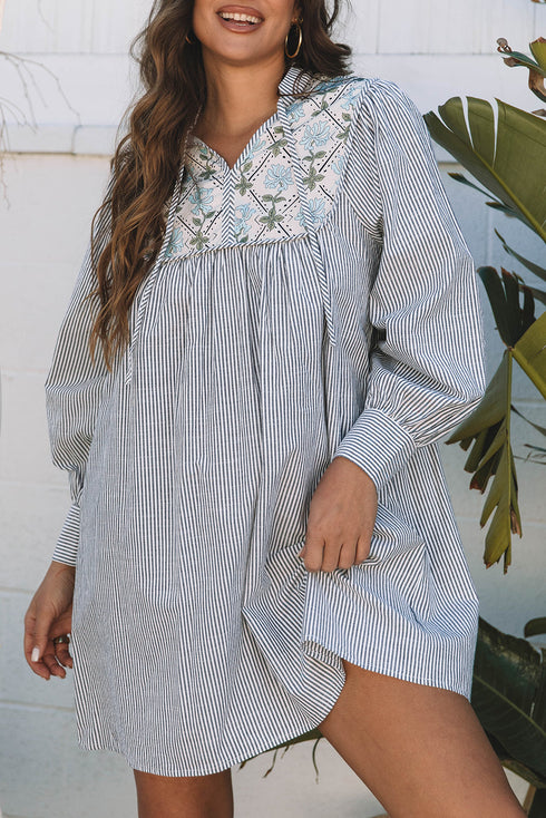 Stripe Floral Patchwork Tied V Neck Shift Long Sleeve Mini Dress