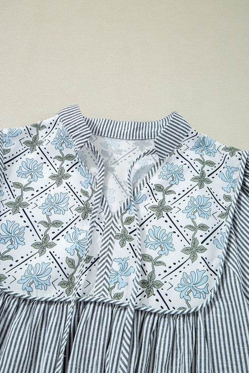 Stripe Floral Patchwork Tied V Neck Shift Long Sleeve Mini Dress