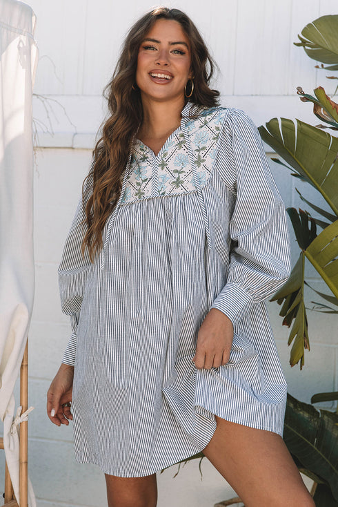 Stripe Floral Patchwork Tied V Neck Shift Long Sleeve Mini Dress