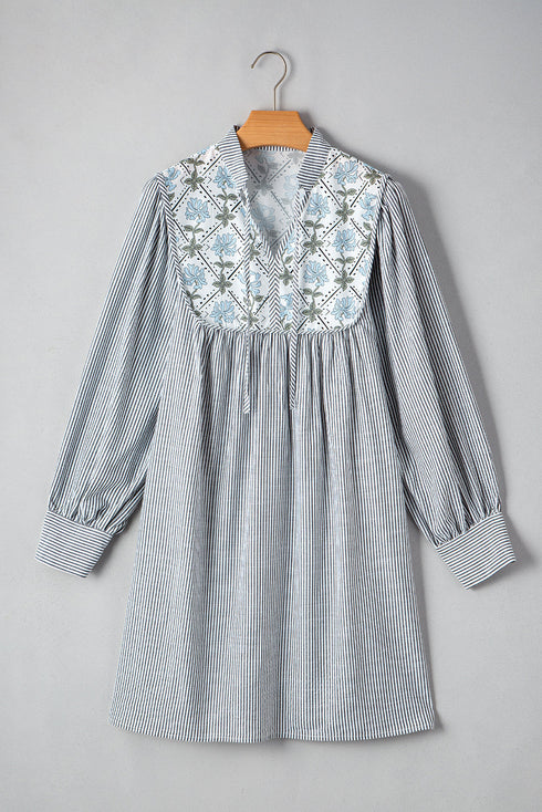 Stripe Floral Patchwork Tied V Neck Shift Long Sleeve Mini Dress