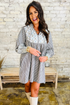 Stripe Floral Patchwork Tied V Neck Shift Long Sleeve Mini Dress