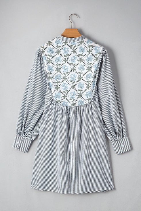 Stripe Floral Patchwork Tied V Neck Shift Long Sleeve Mini Dress