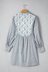 Stripe Floral Patchwork Tied V Neck Shift Long Sleeve Mini Dress