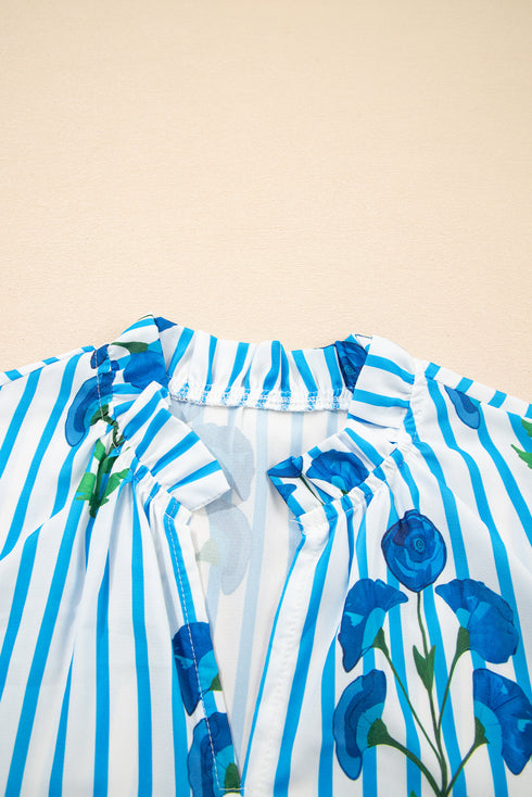 Stripe Floral Print Frilled Notched Neck Blouse