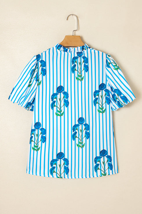Stripe Floral Print Frilled Notched Neck Blouse