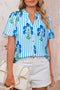 Stripe Floral Print Frilled Notched Neck Blouse