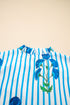 Stripe Floral Print Frilled Notched Neck Blouse