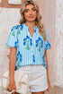 Stripe Floral Print Frilled Notched Neck Blouse