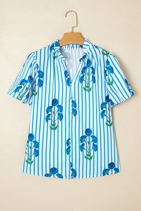 Stripe Floral Print Frilled Notched Neck Blouse