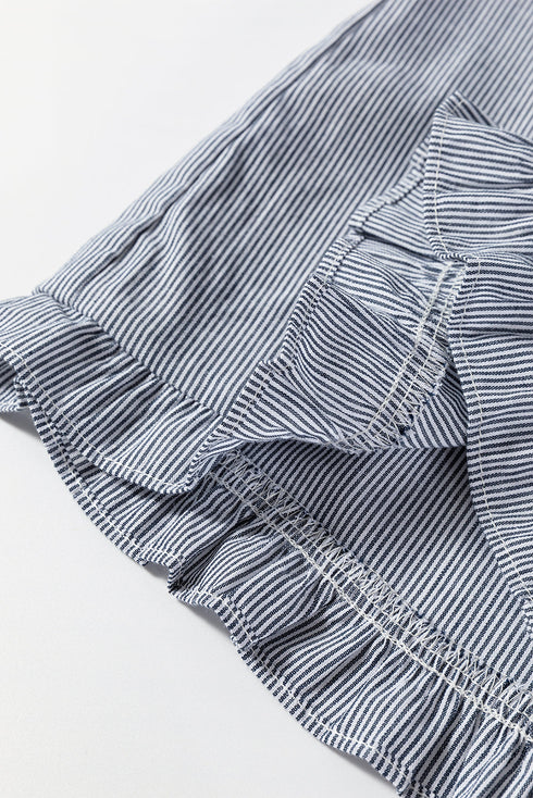 Stripe Frilled Sleeveless Collar Front Pocket Button Up Mini Dress