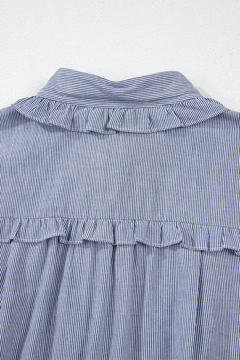 Stripe Frilled Sleeveless Collar Front Pocket Button Up Mini Dress