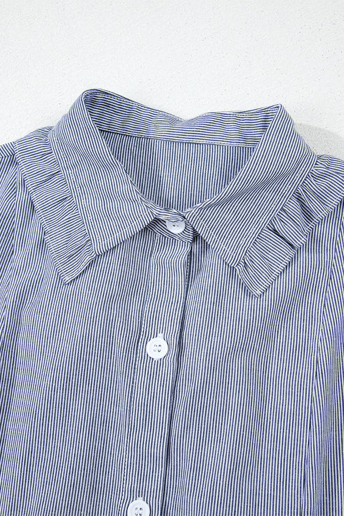 Stripe Frilled Sleeveless Collar Front Pocket Button Up Mini Dress