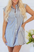 Stripe Frilled Sleeveless Collar Front Pocket Button Up Mini Dress