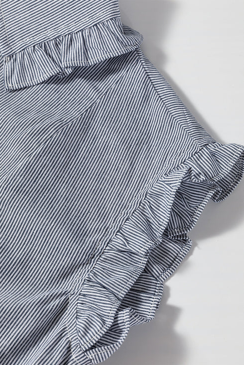 Stripe Frilled Sleeveless Collar Front Pocket Button Up Mini Dress